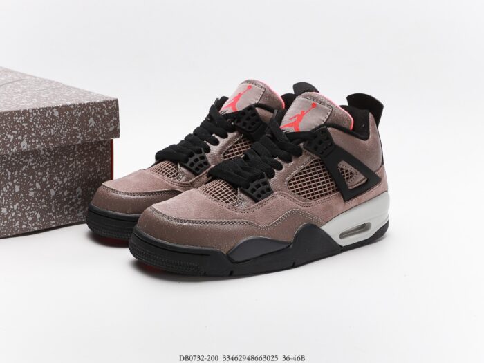 Brown sneakers with black laces, red details, grey shoebox beside