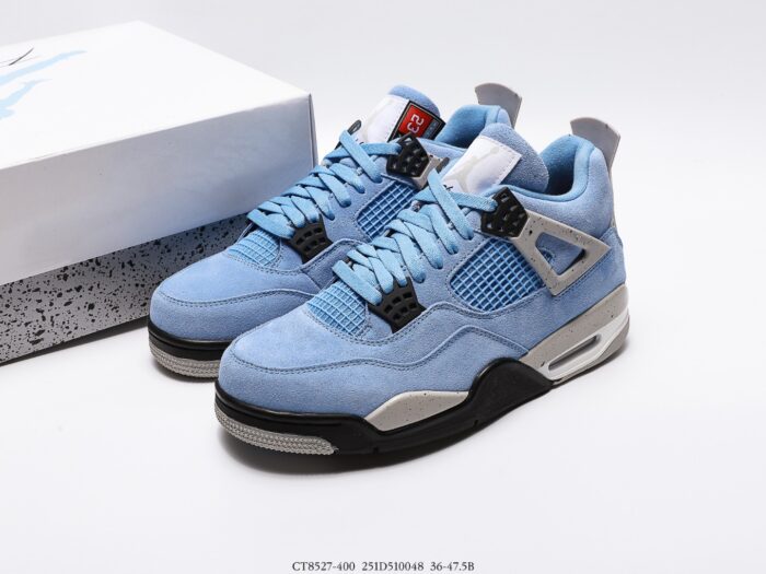 Light blue sneakers with black and grey accents, white shoebox beside