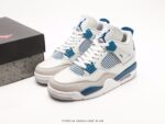 White and blue low-top sneakers with blue laces and mesh details