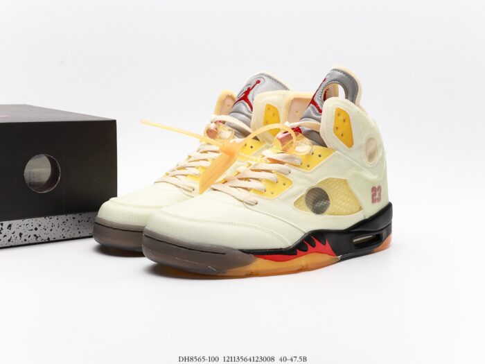 High-top sneakers with a white base and yellow and orange accents.