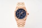 Rose gold watch with a blue dial and matching bracelet.